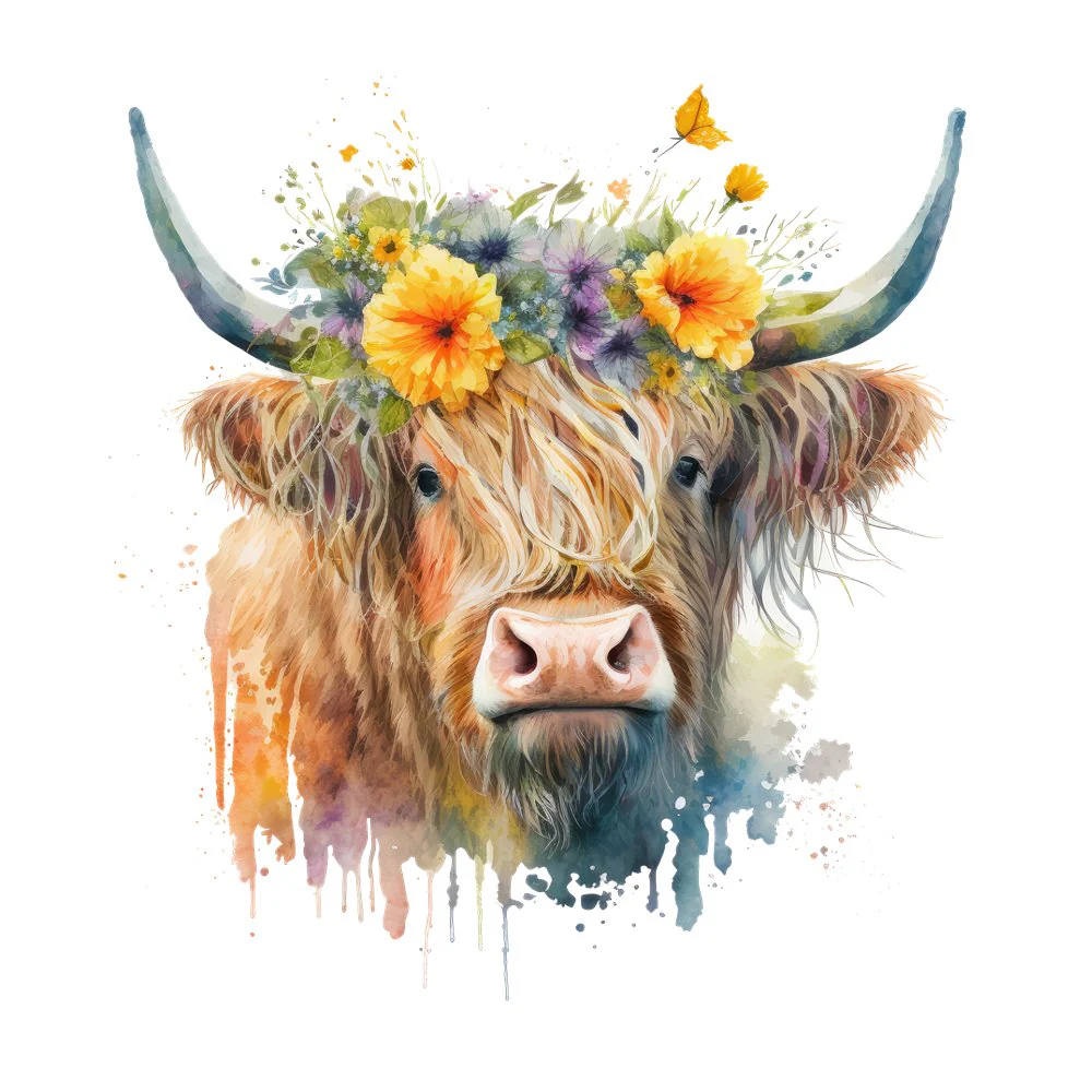 Watercolor Floral Highland Cow #14 Fabric Panel