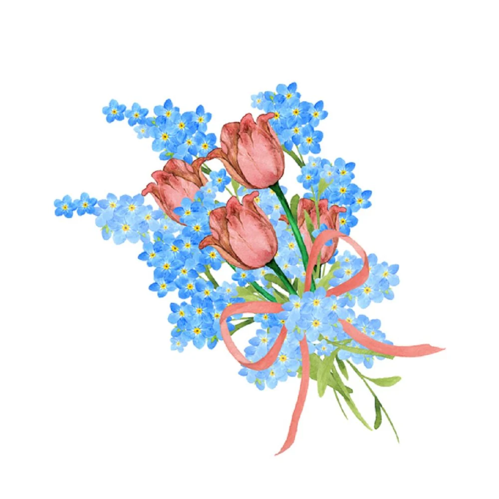 Watercolor Floral, Tulip With Forget-Me-Not Bouquet Fabric Panel - White
