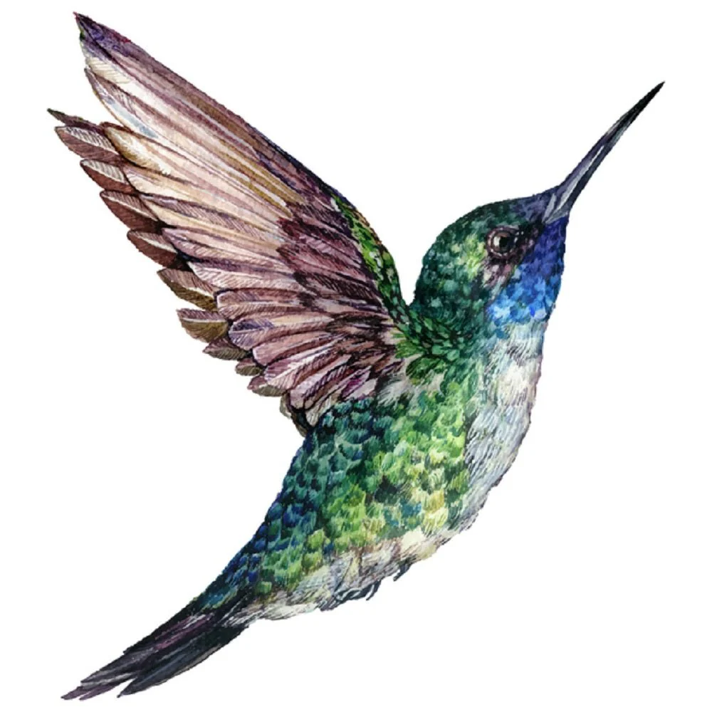 Watercolor Flying Hummingbird Fabric Panel - White