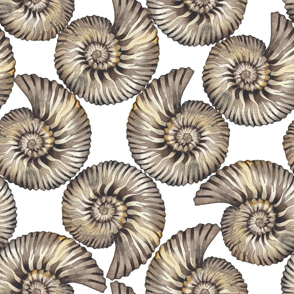 Watercolor Fossils Fabric - White