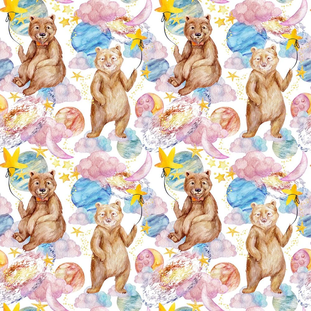 Watercolor Galaxy Bear in Bow Tie Fabric - White