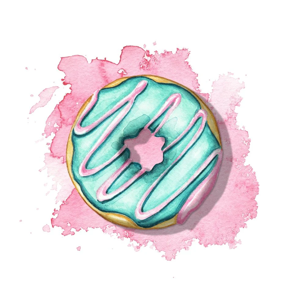 Watercolor Glazed Doughnut Fabric Panel - Blue