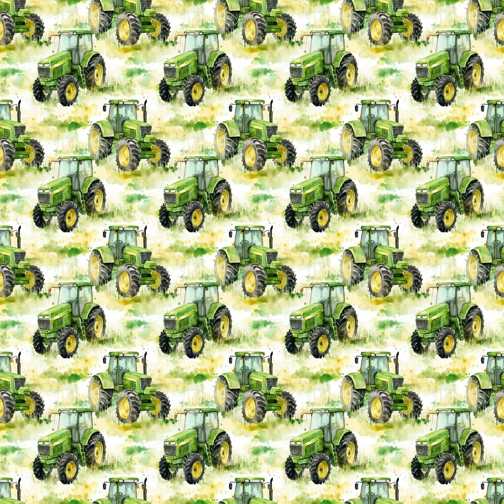 Watercolor Green Tractor In Field Fabric