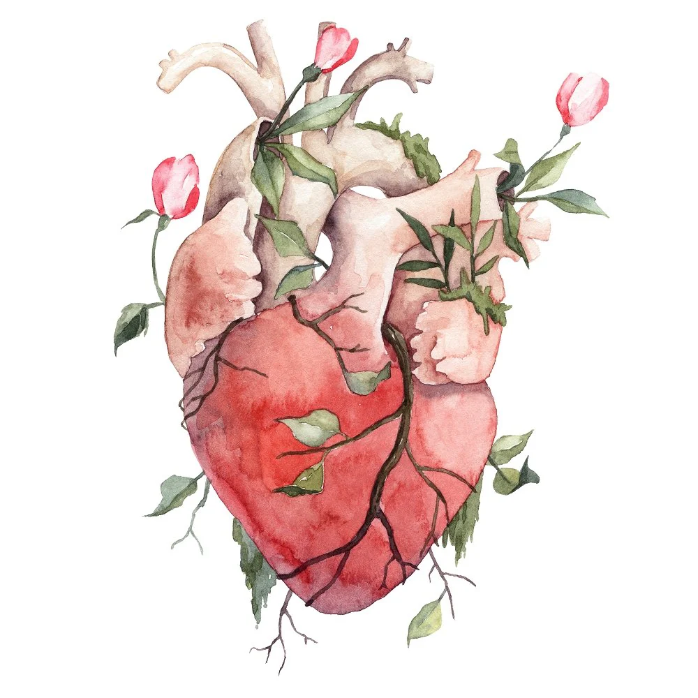 Watercolor Heart Overgrown With Flowers Fabric Panel