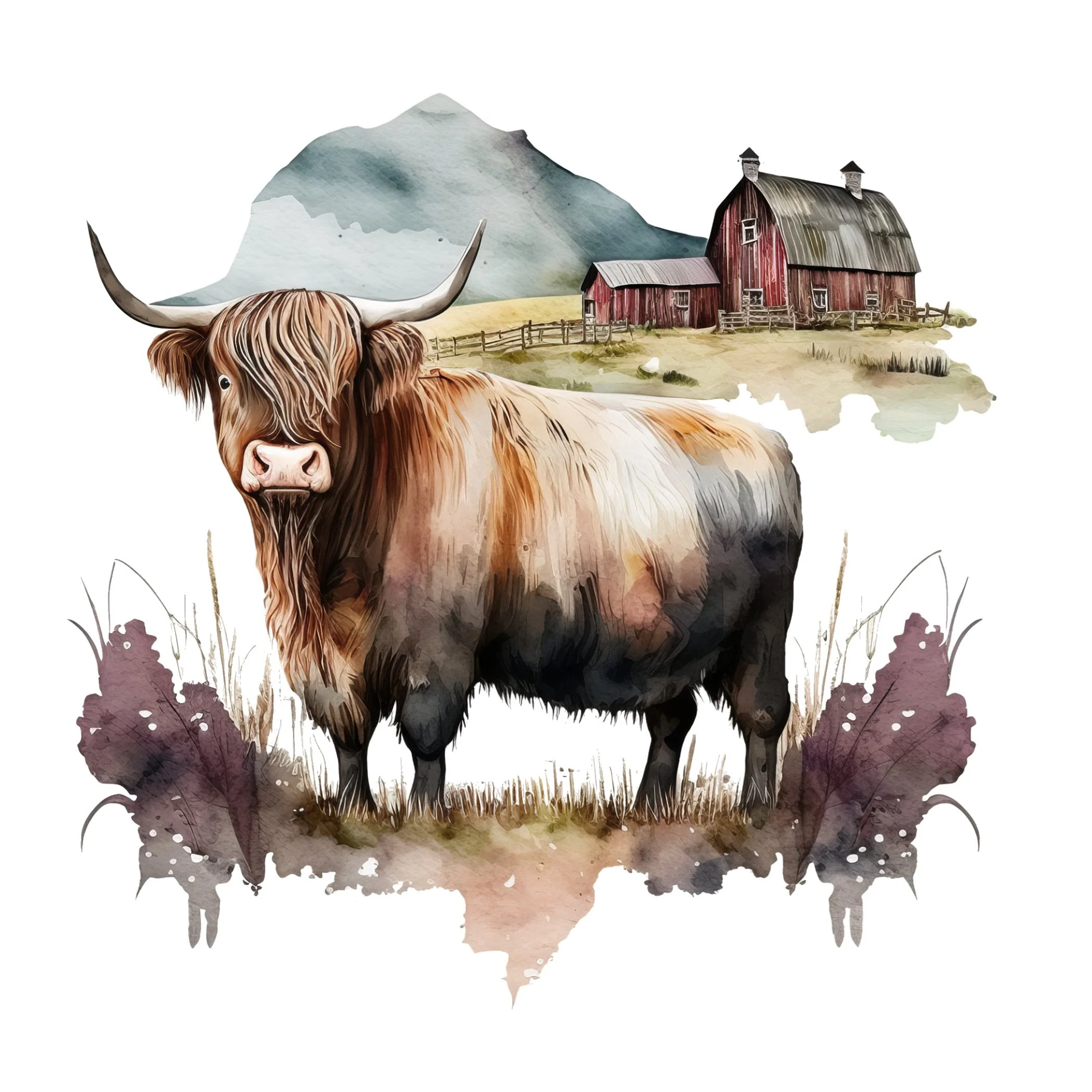 Watercolor Highland Cow Scene #11 Fabric Panel