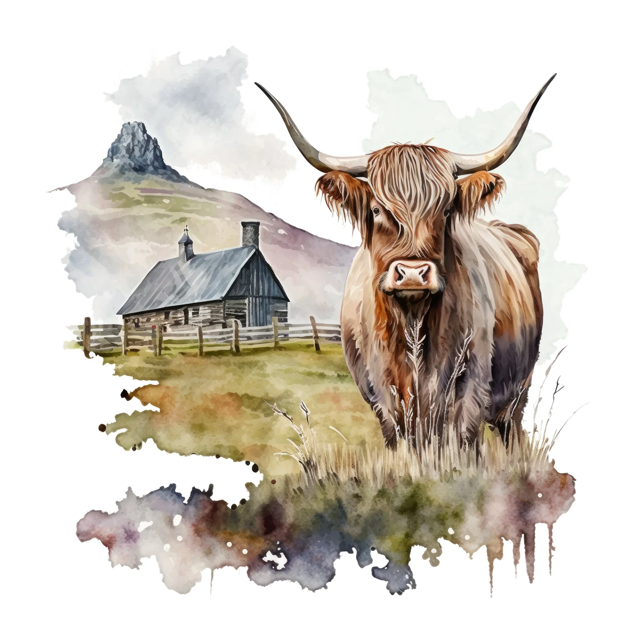 Watercolor Highland Cow Scene #9 Fabric Panel