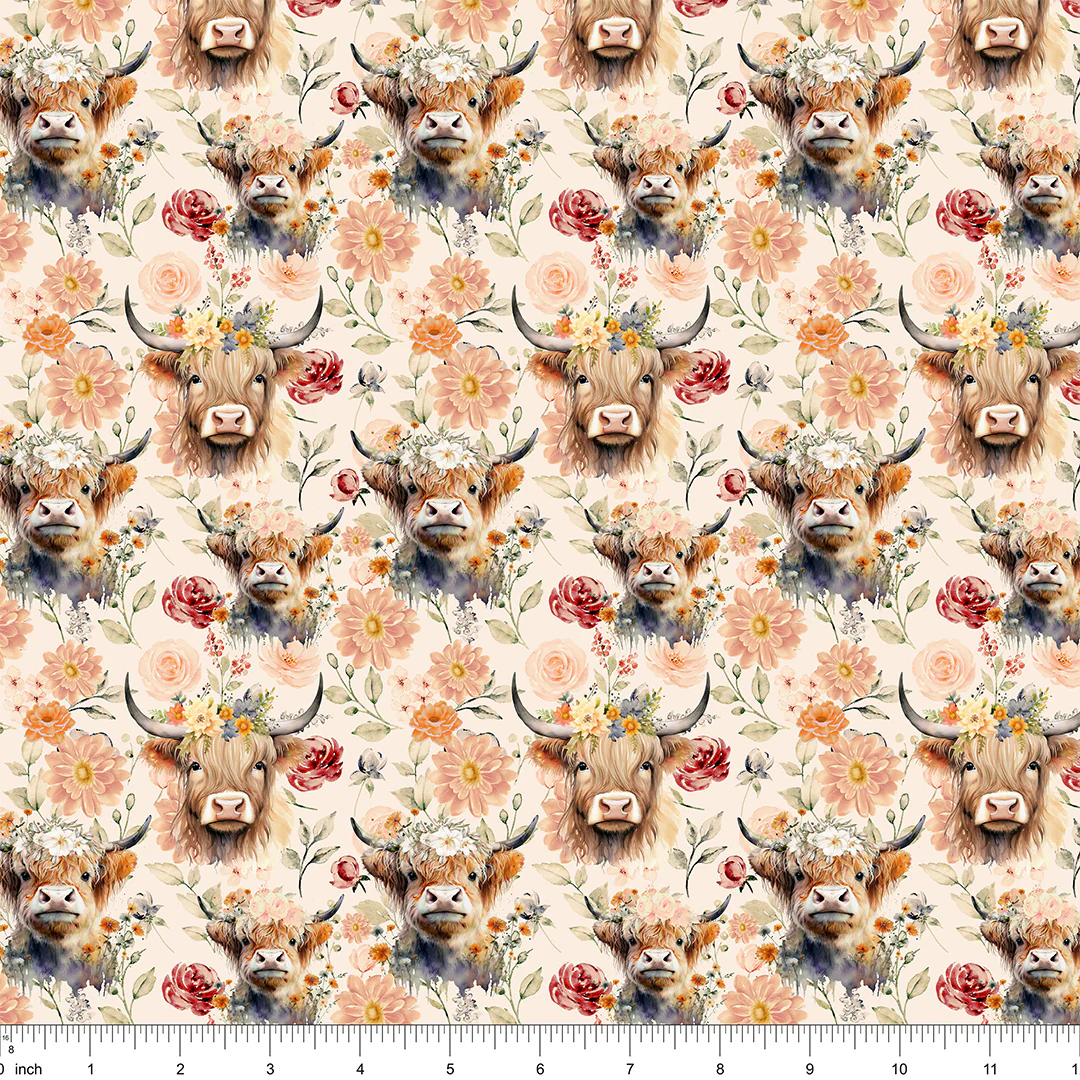 Watercolor Highland Cows & Flowers Fabric - Image 2