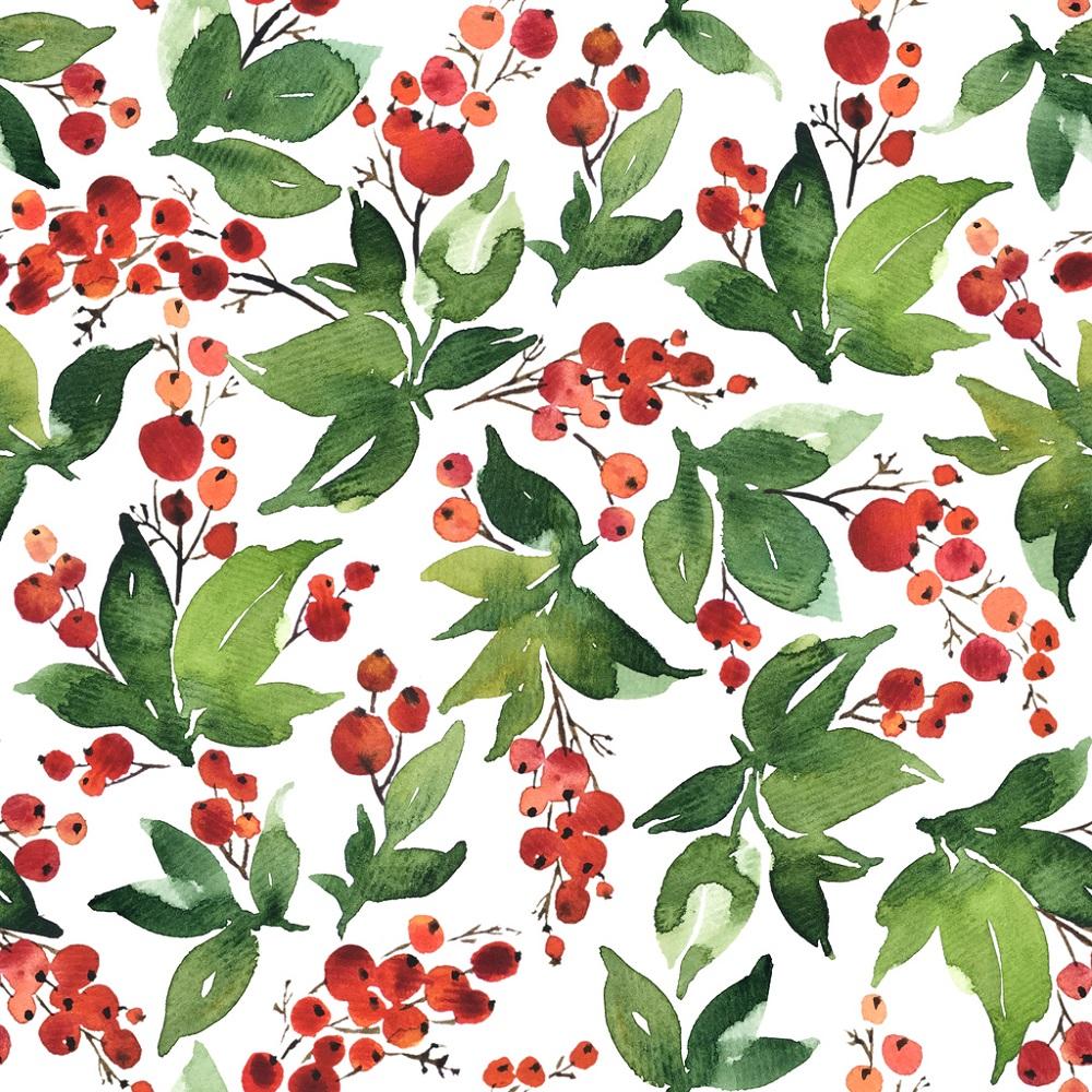 Watercolor Holly & Berries Fabric - White