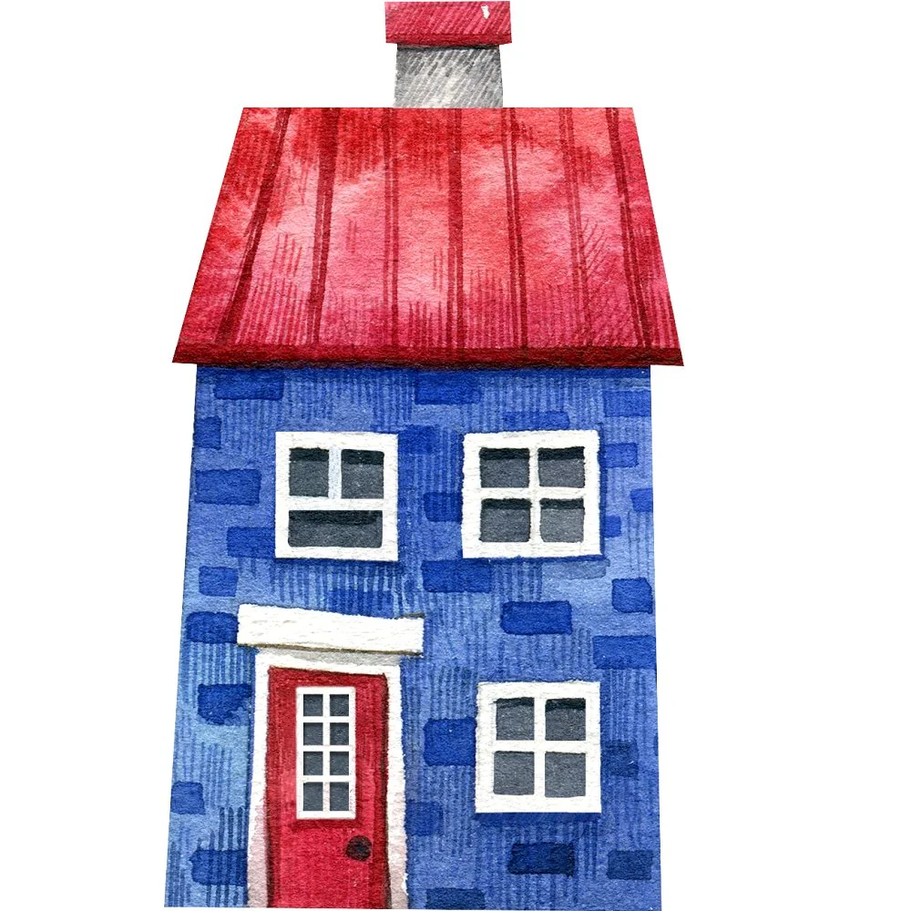 Watercolor Home Fabric Panel - Blue