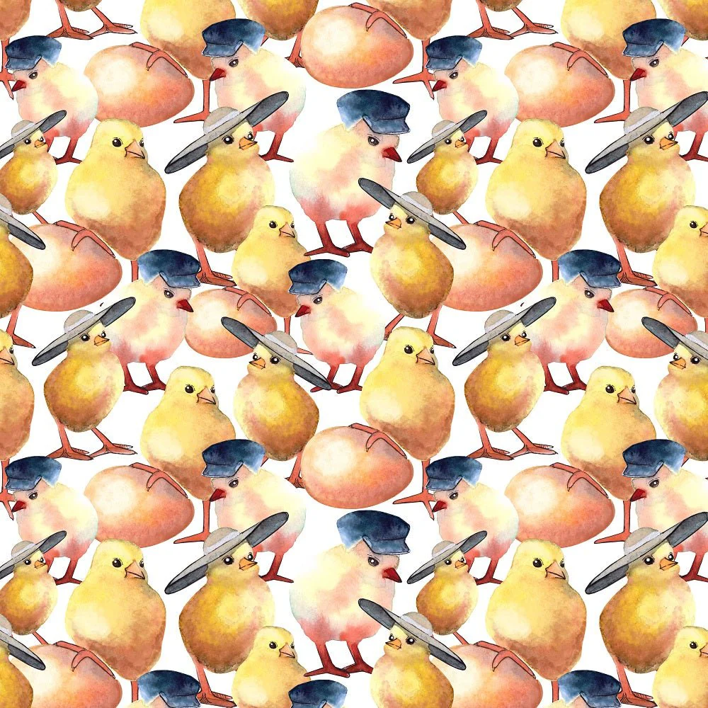 Watercolor Packed Chickens Wearing Hats Fabric