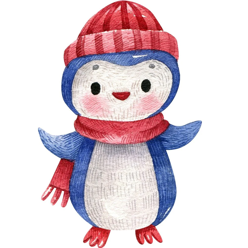 Watercolor Penguin Red Scarf Fabric Panel