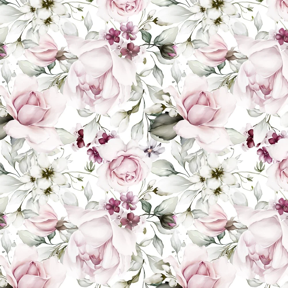 Watercolor Peonies & Purple Roses Fabric - Multi