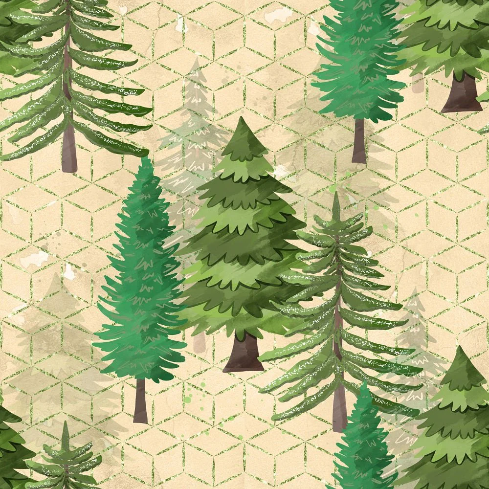 Watercolor Pine Trees Fabric - Tan