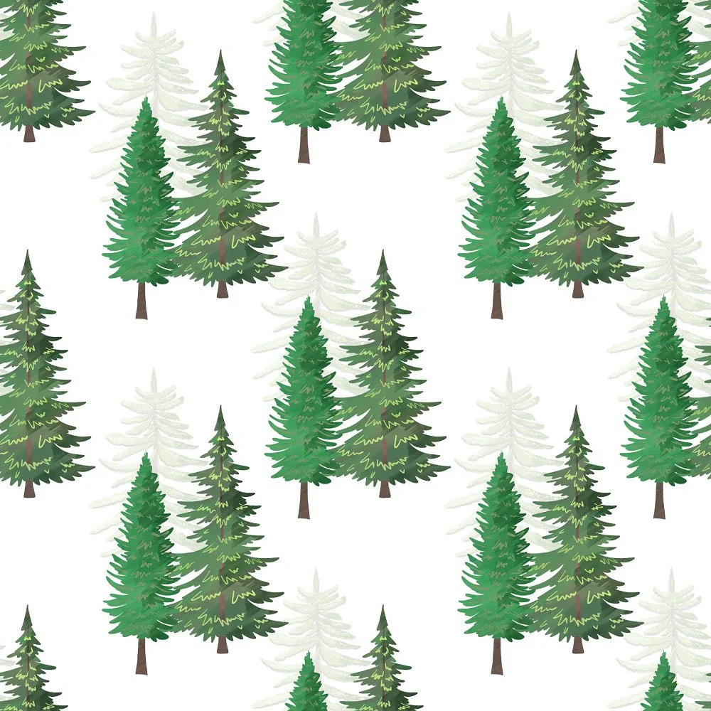 Watercolor Pine Trees Pattern #1 Fabric - White