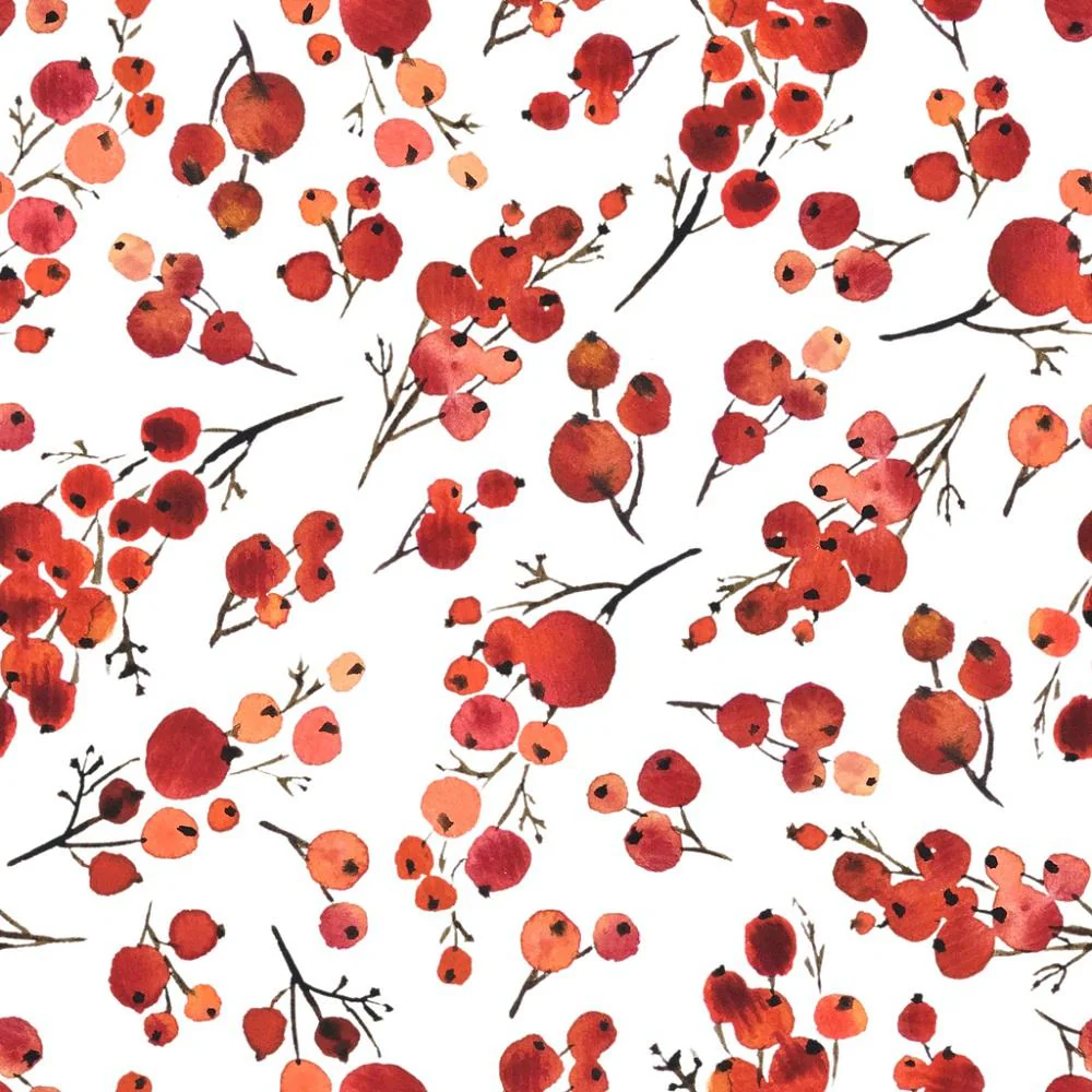 Watercolor Red Holly Berries Fabric - White