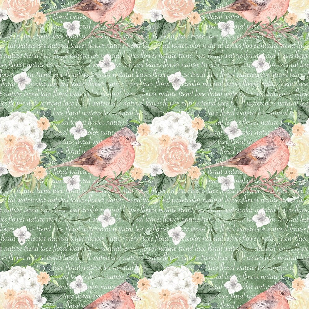 Watercolor Roses and Birds on Words Fabric - Green