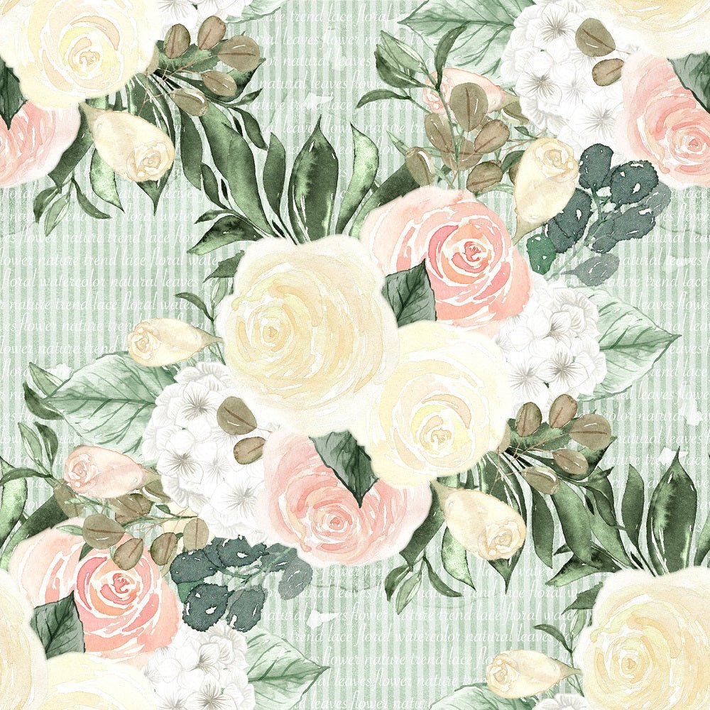 Watercolor Roses Bundles on Stripes Fabric - Green