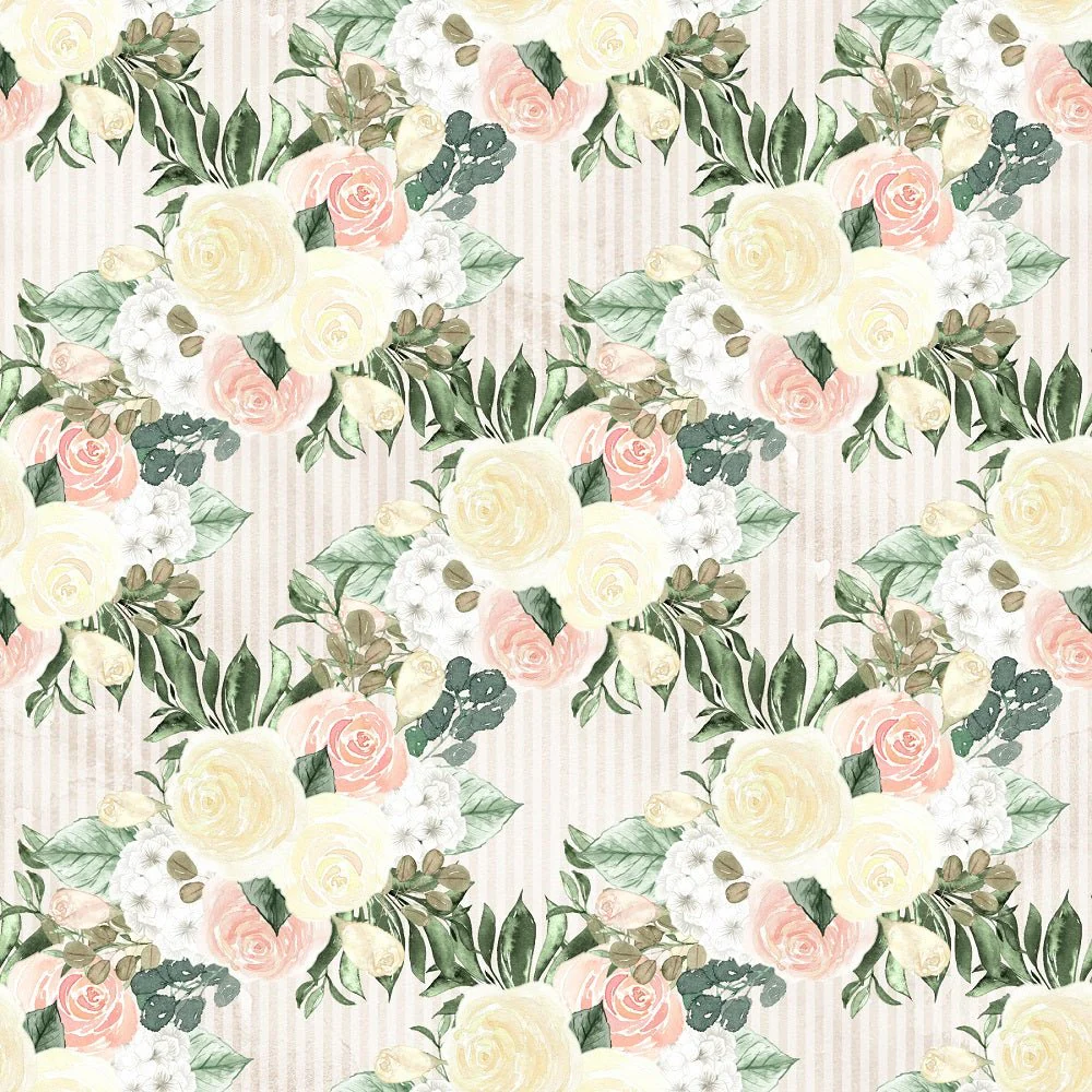 Watercolor Roses Bundles on Stripes Fabric - Tan