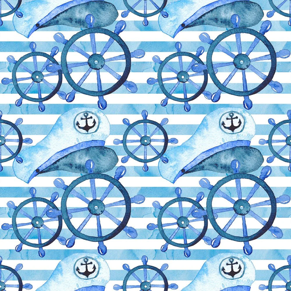 Watercolor Sailor Elements on Stripes Fabric