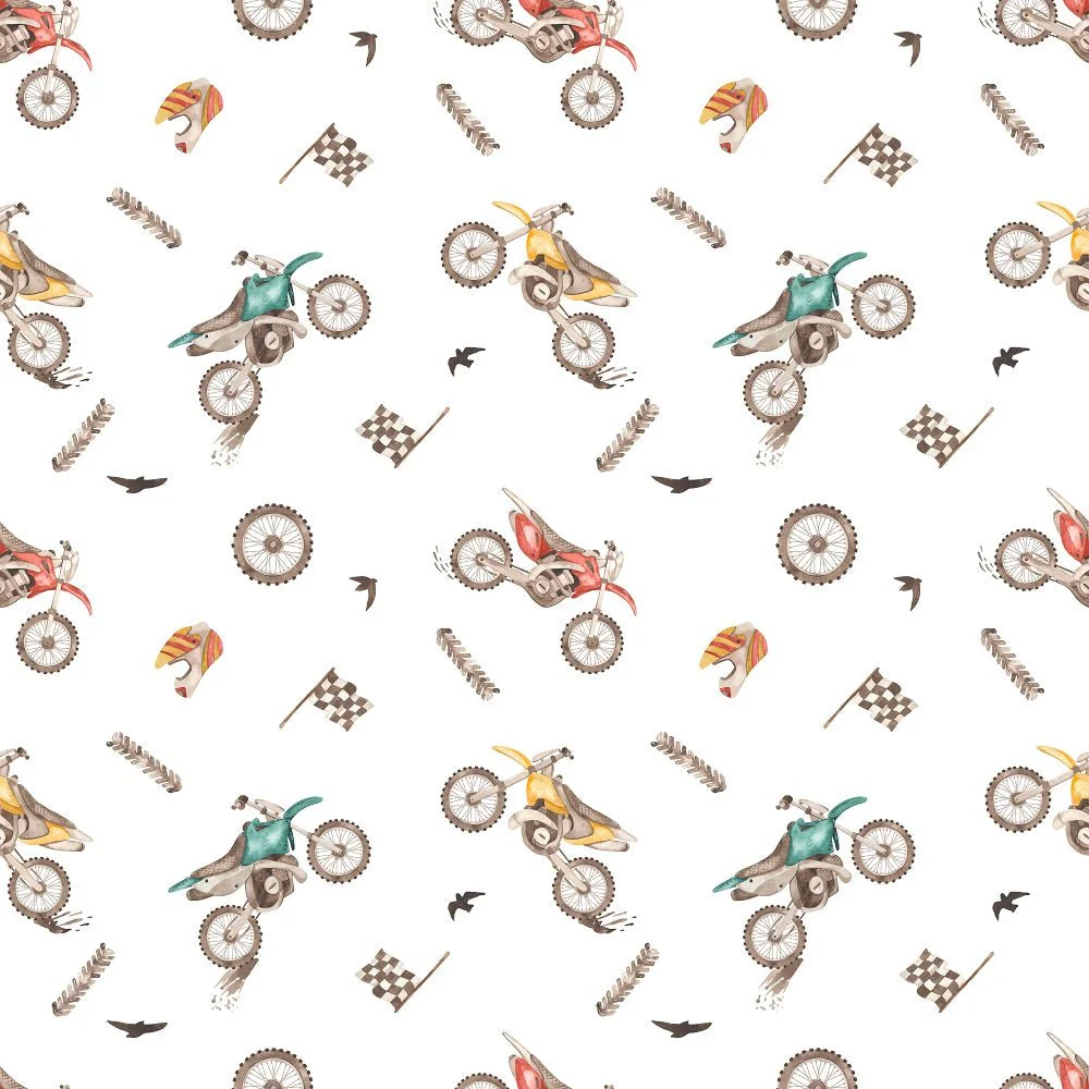 Watercolor Scattered Dirt Bikes Fabric