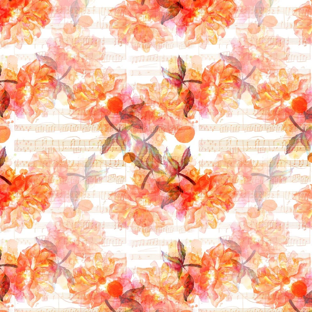 Watercolor Sheet Music & Roses Fabric - Orange