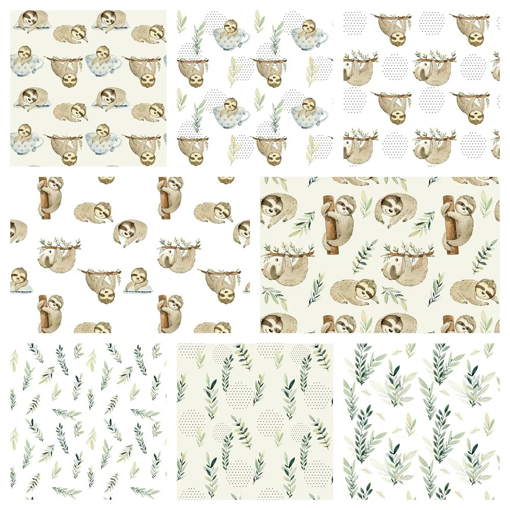 Watercolor Sloths Fat Quarter Bundle - 8 Pieces