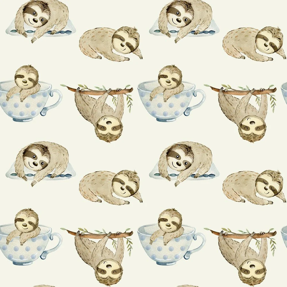 Watercolor Sloths In Cups Fabric - Tan