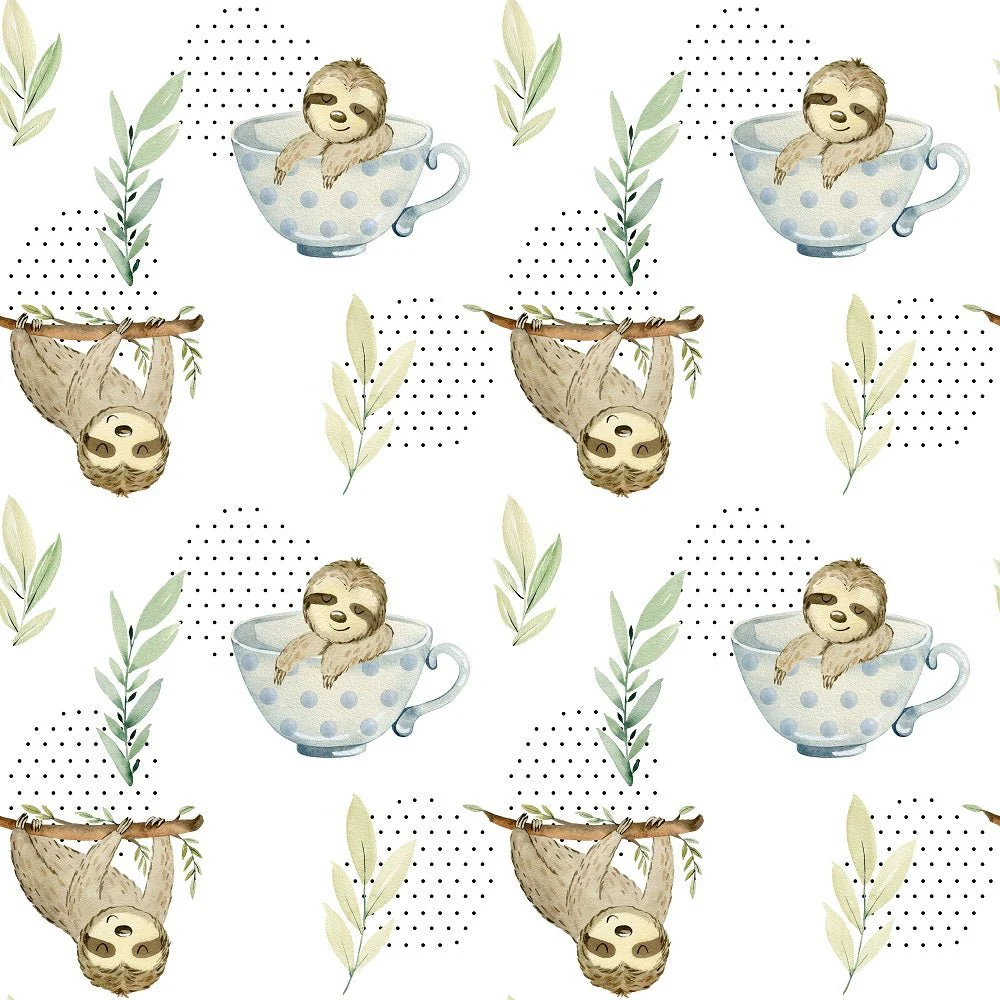 Watercolor Sloths In Cups Fabric - White