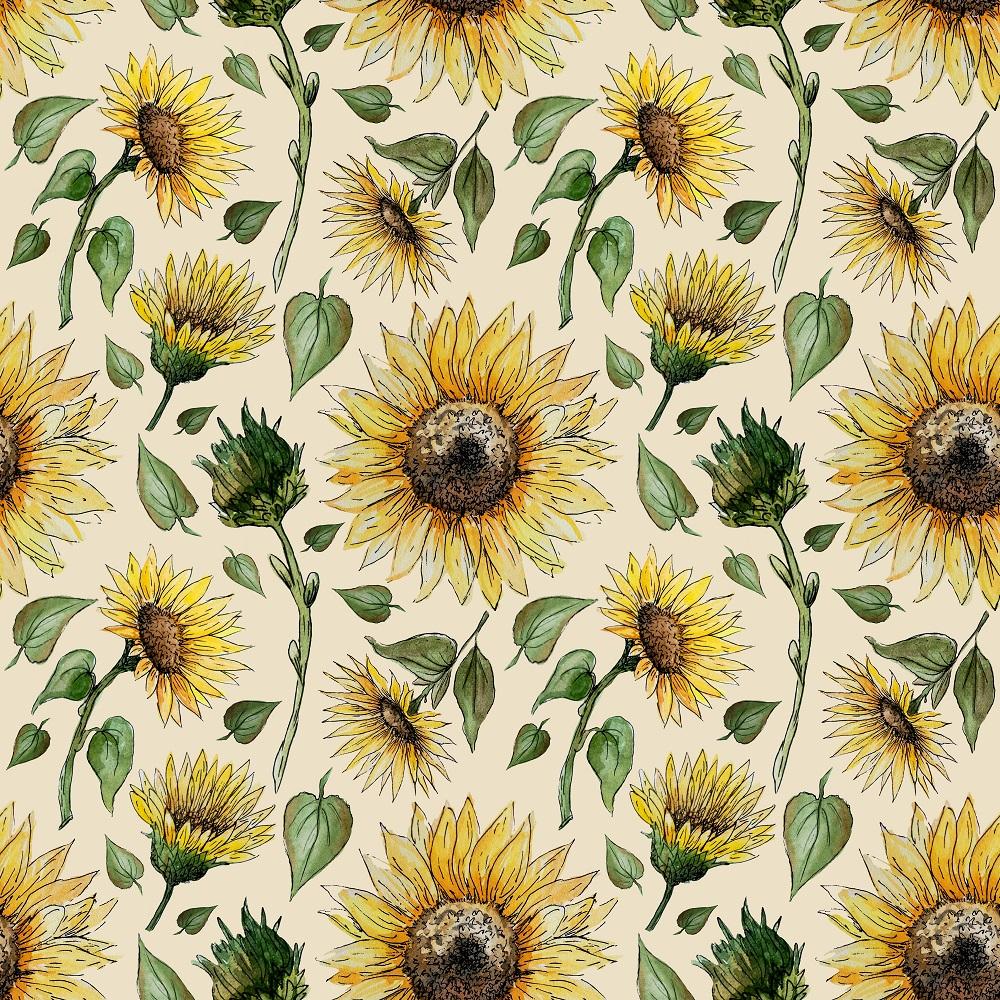 Watercolor Sunflowers & Buds Fabric - Tan
