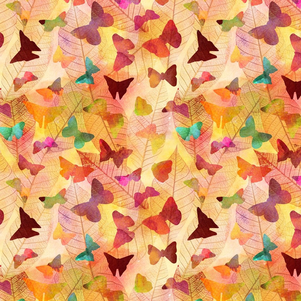 Watercolor Textured Butterfly & Leaves Fabric - Orange