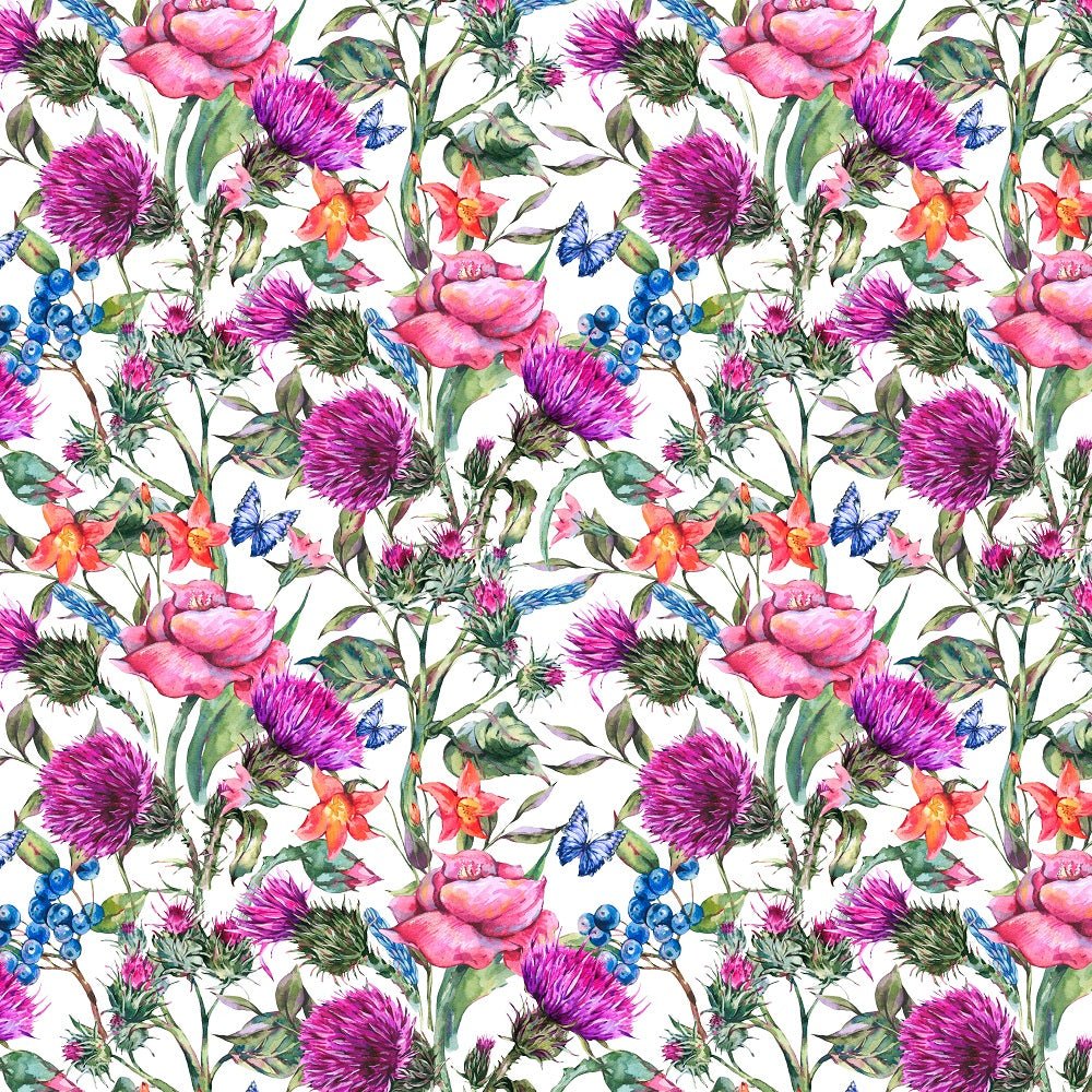 Watercolor Thistles, Wildflowers, & Blueberries Fabric
