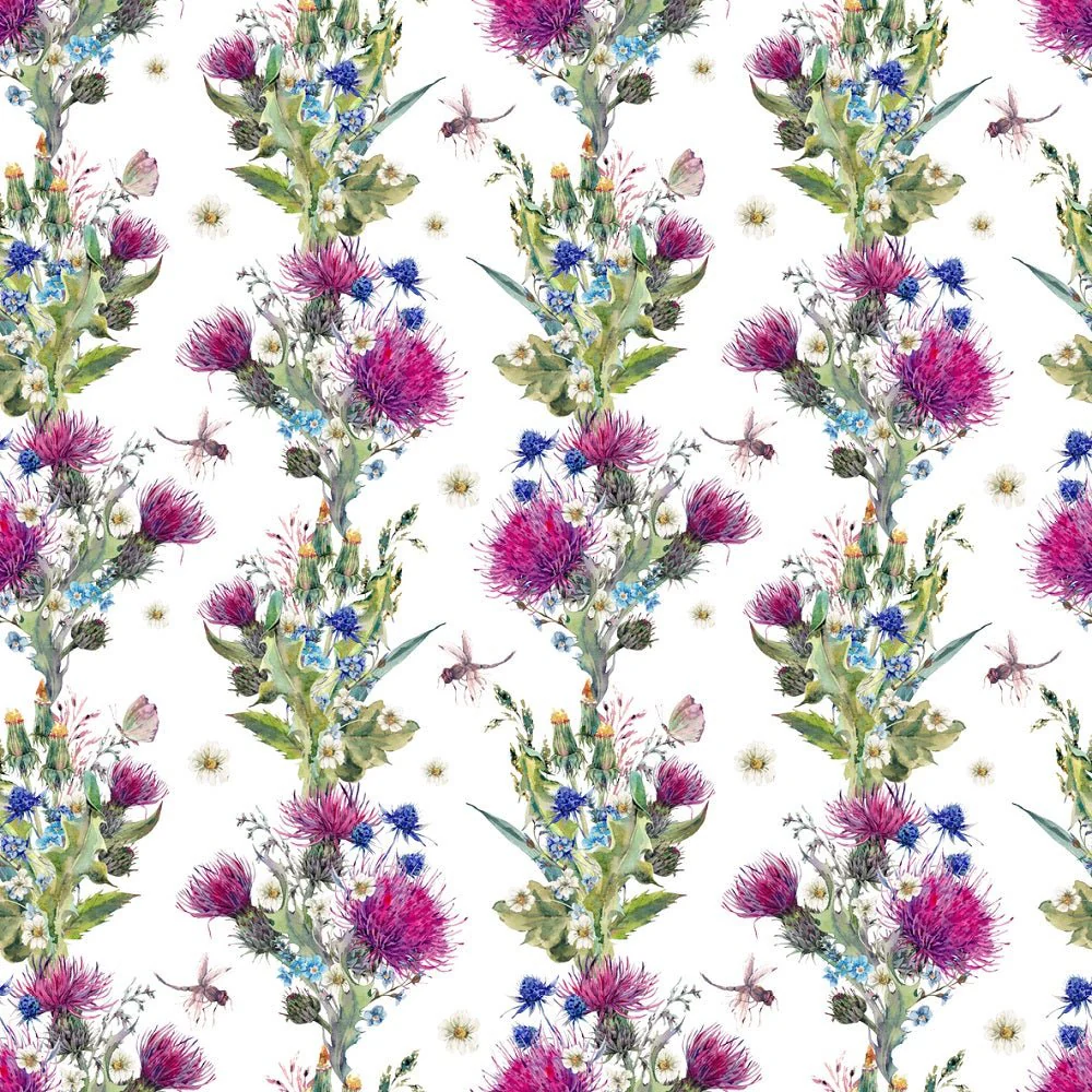 Watercolor Thistles, Wildflowers, Insects Fabric