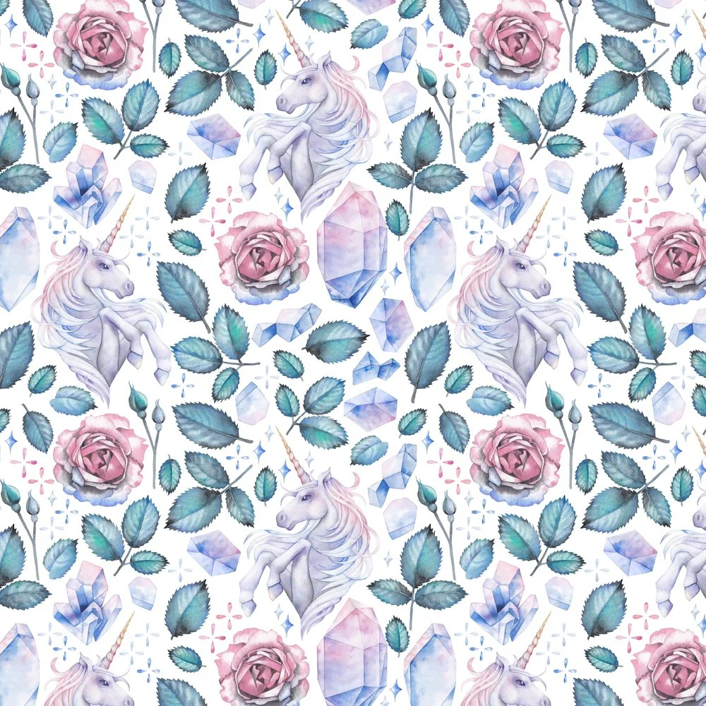 Watercolor Unicorn & Roses Fabric