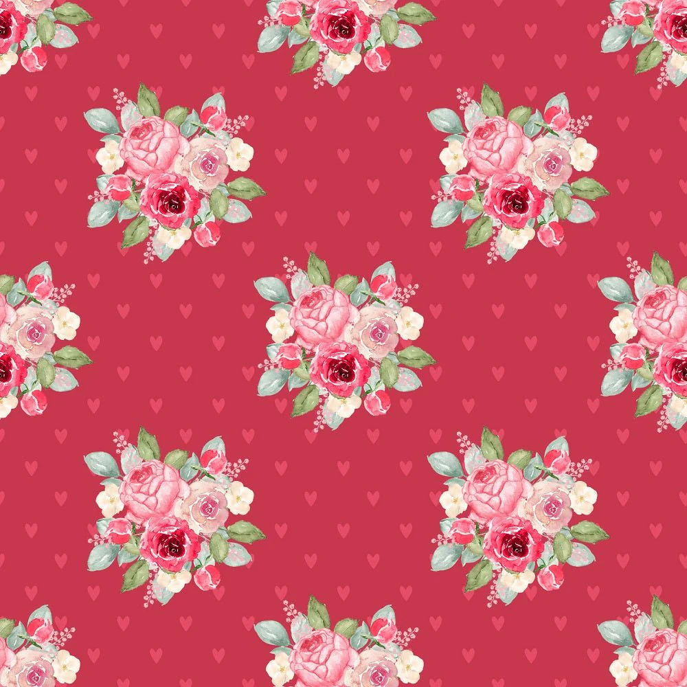 Watercolor Valentine Roses Bouquets on Hearts Fabric - Red