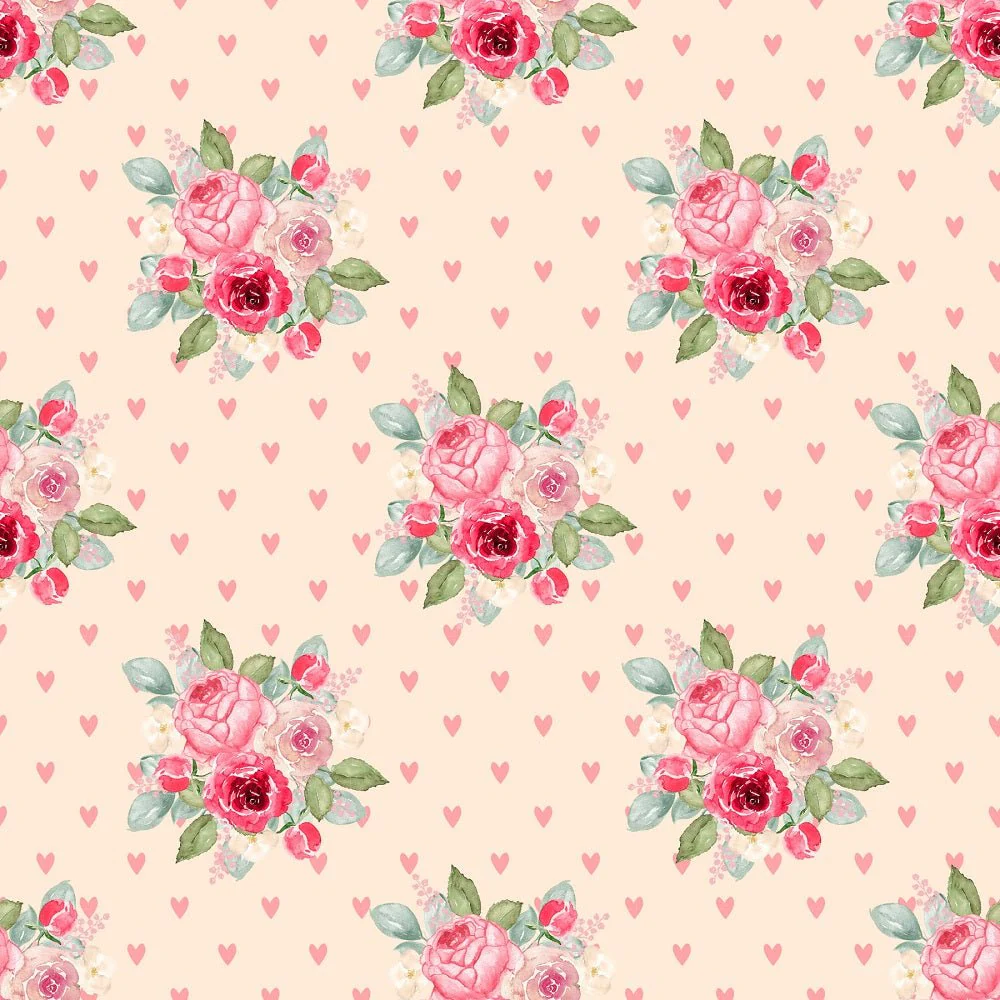 Watercolor Valentine Roses Bouquets on Hearts Fabric - Tan
