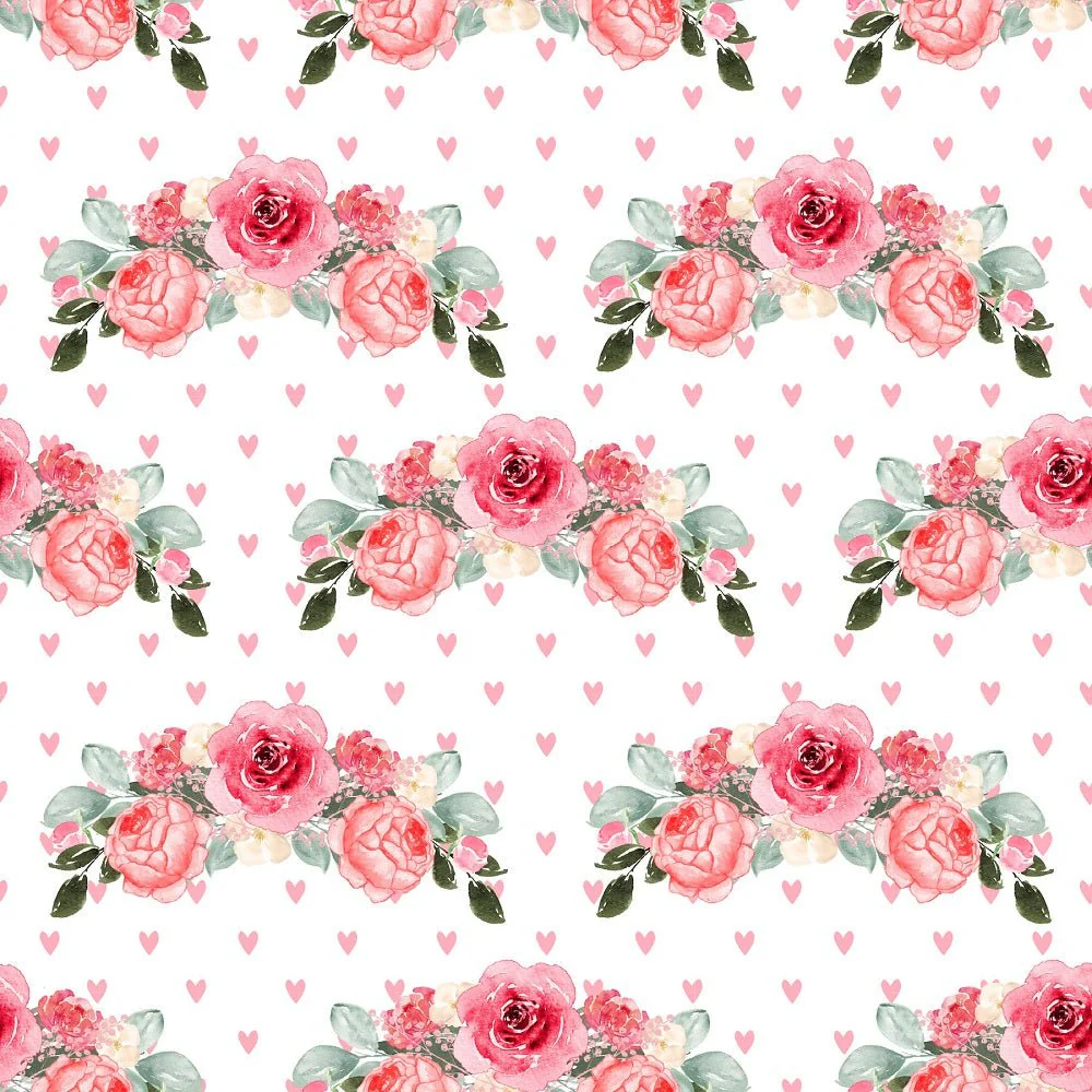 Watercolor Valentine Roses on Hearts Fabric - White