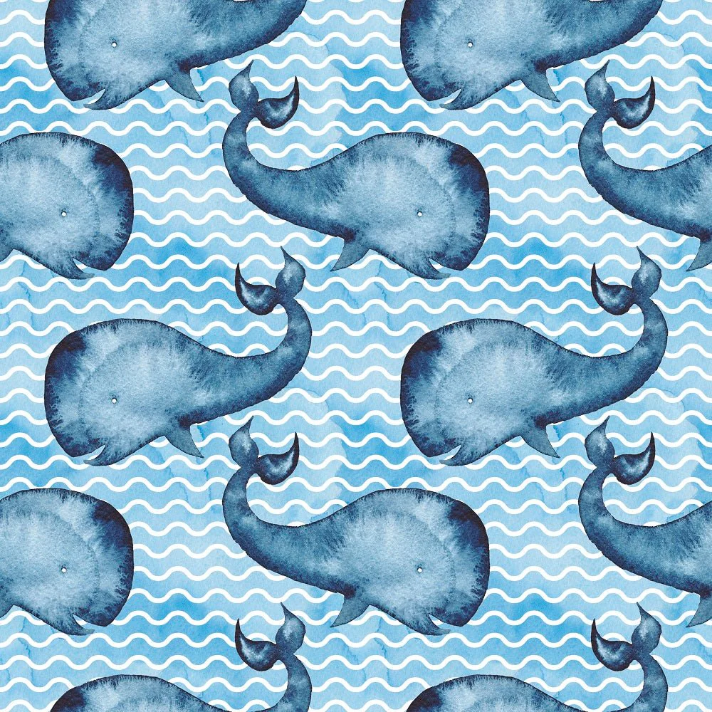 Watercolor Whales on Waves Fabric