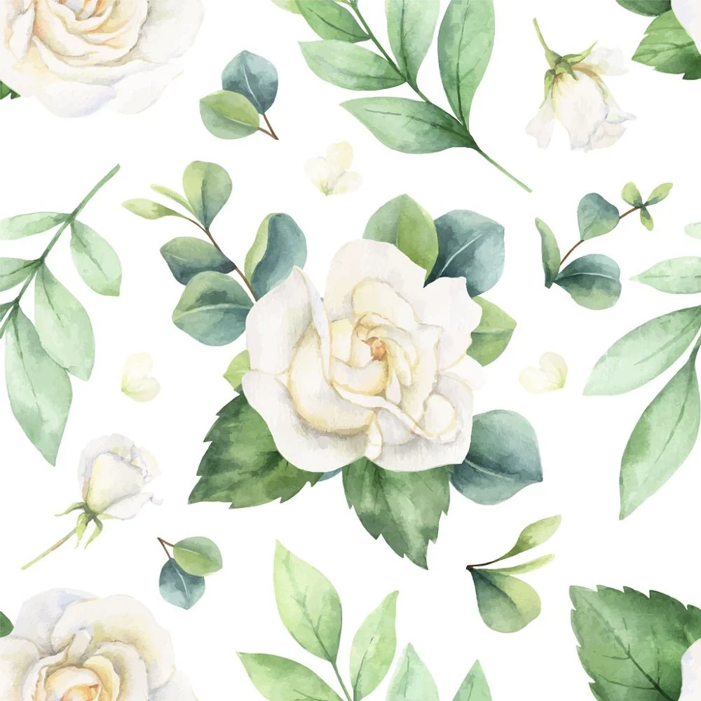 Watercolor White Roses on Leaves Fabric