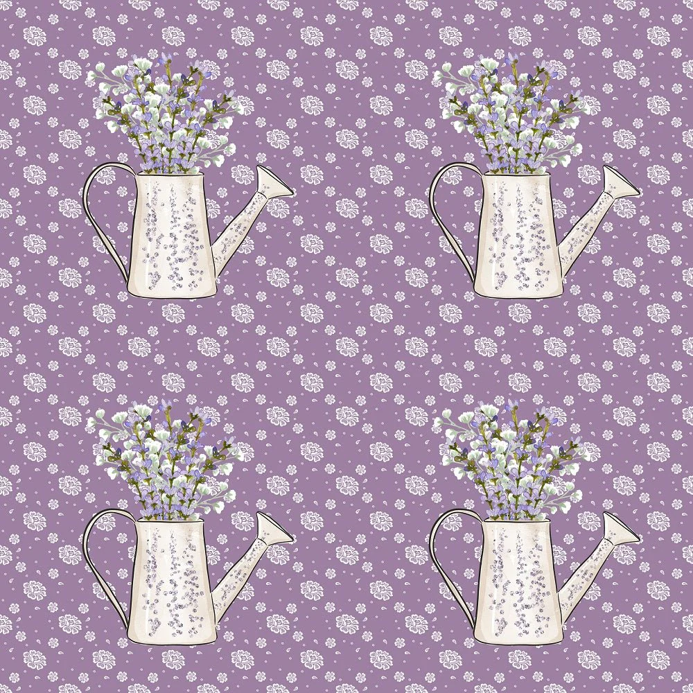 Watering Pot on Small Flowers Fabric - Purple