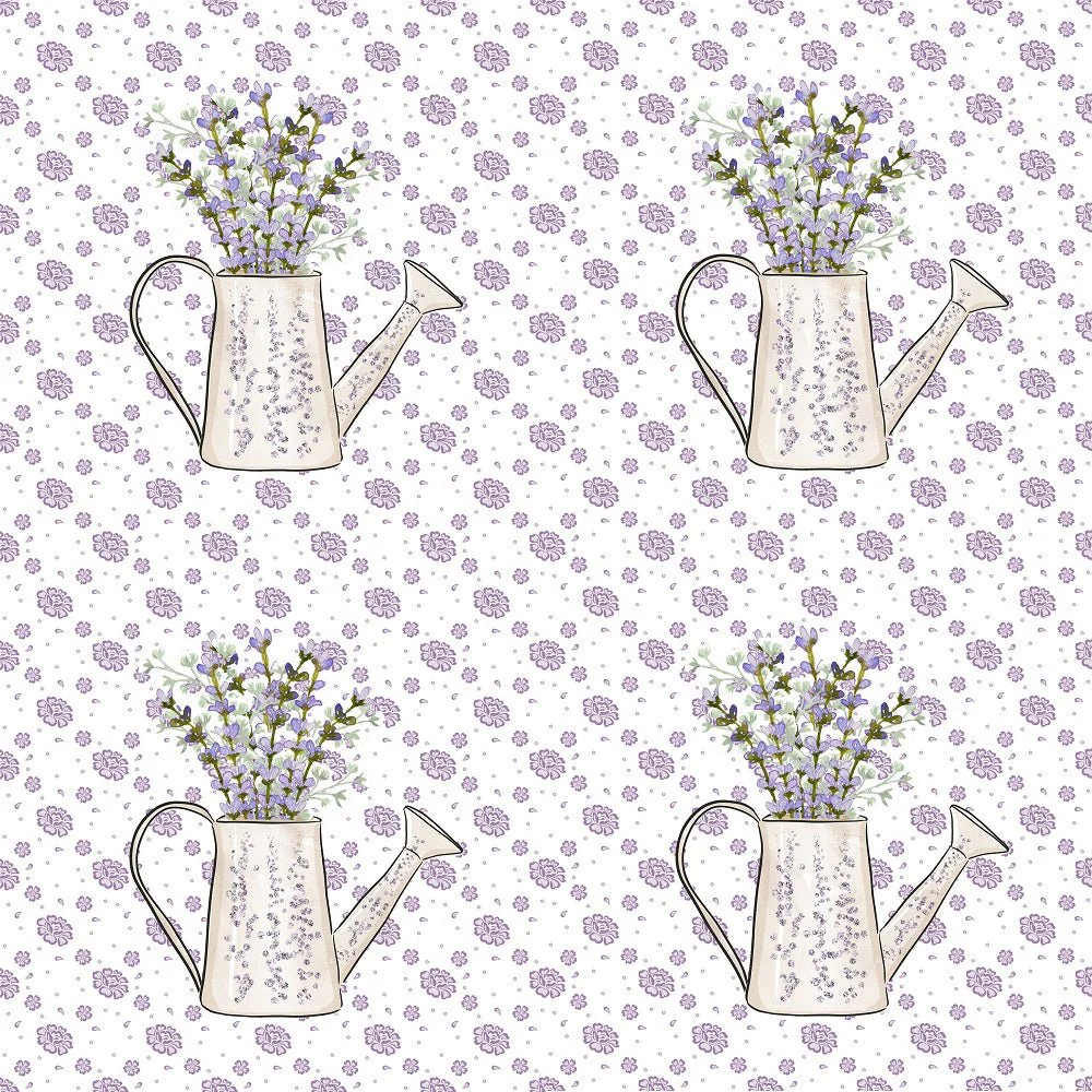Watering Pot on Small Flowers Fabric - White