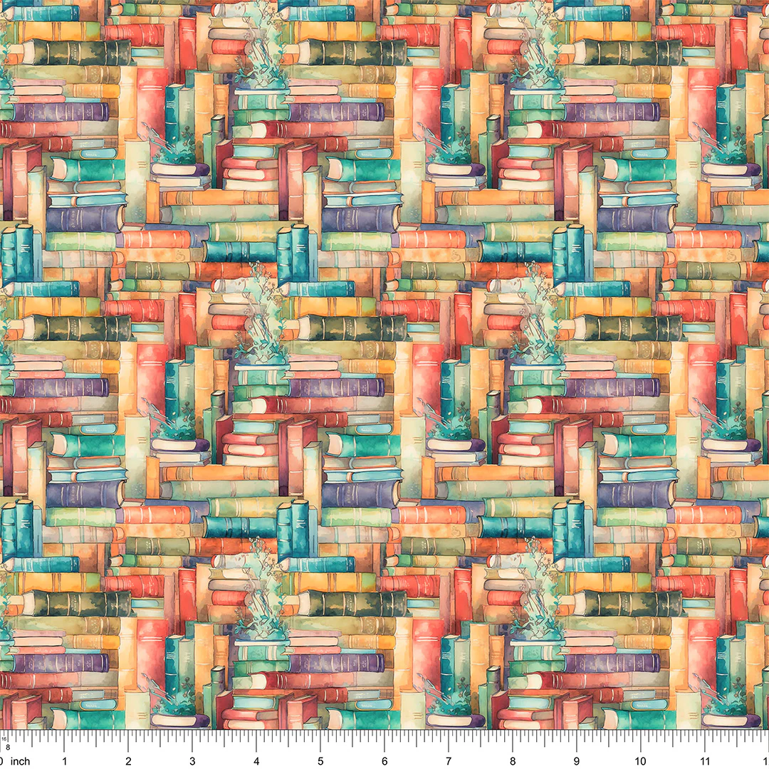 Whimsical Colorful Stacked Books Fabric - Image 2
