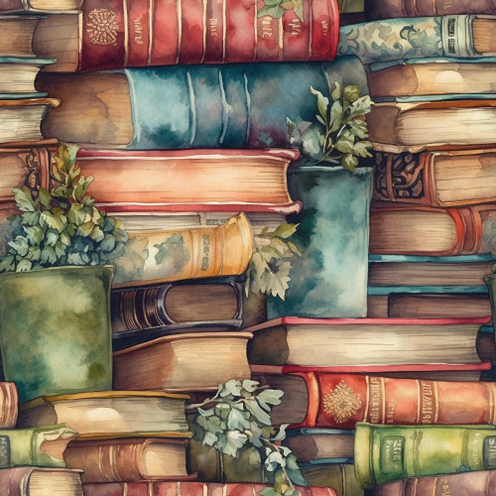 Whimsical Greenery & Stacked Books Fabric