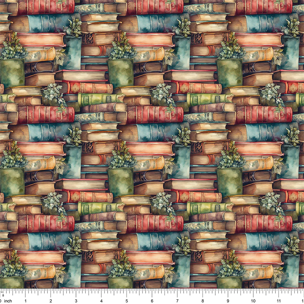 Whimsical Greenery & Stacked Books Fabric - Image 2