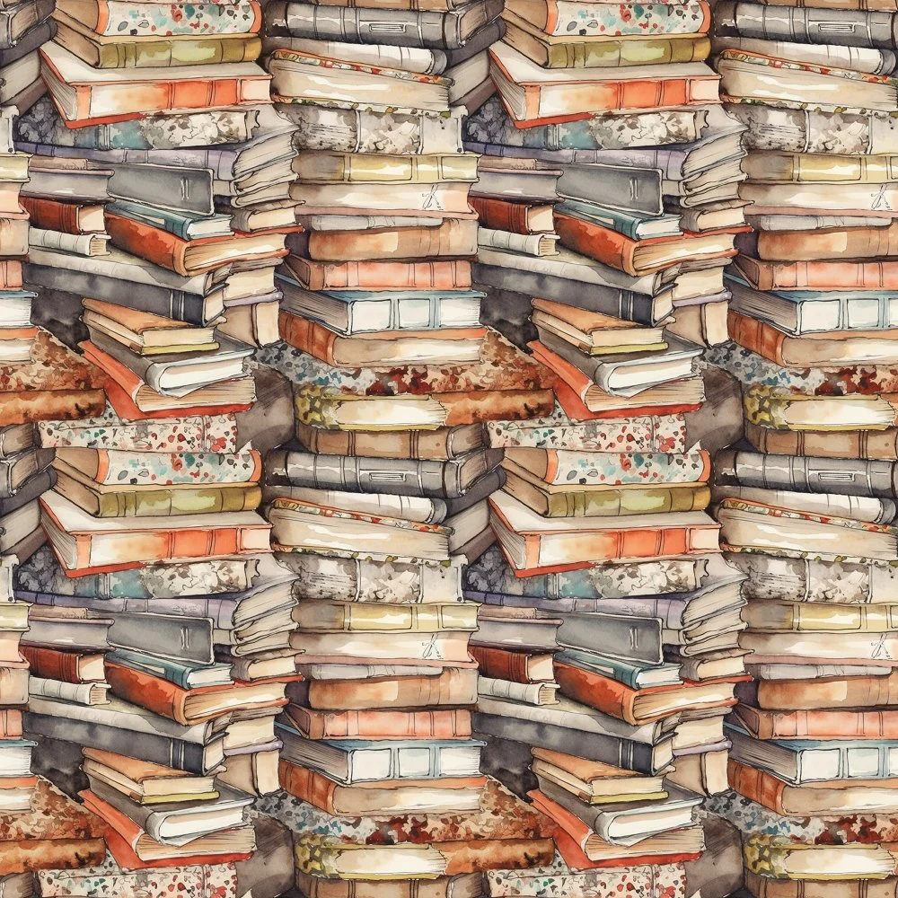Whimsical Messy Stacked Books #1 Fabric