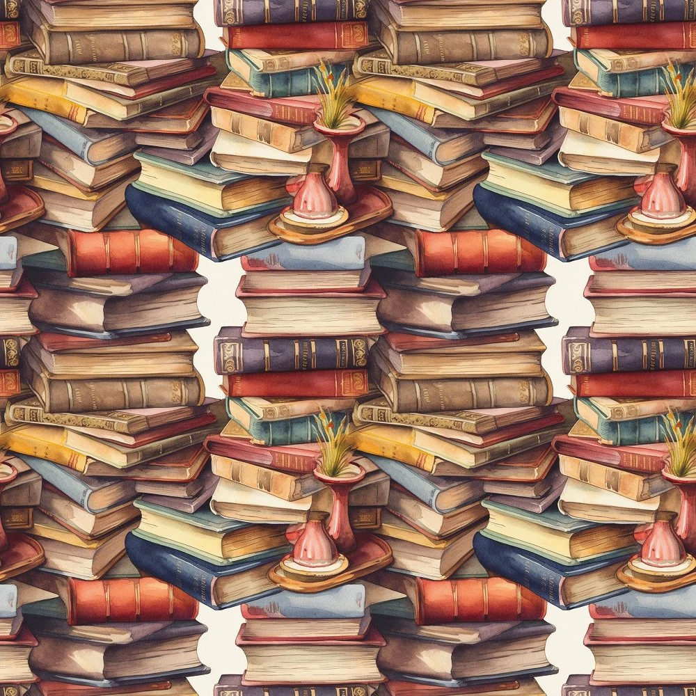 Whimsical Messy Stacked Books #6 Fabric
