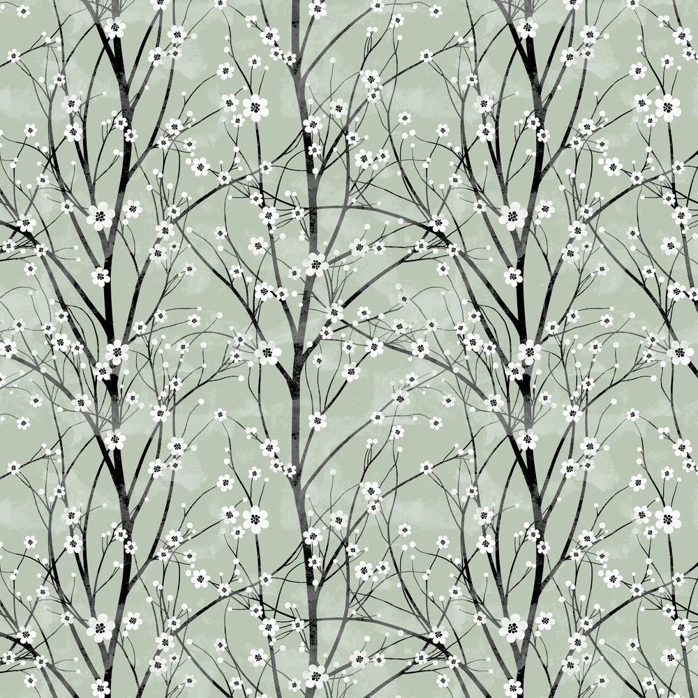 White Cherry Blossom Trees Fabric