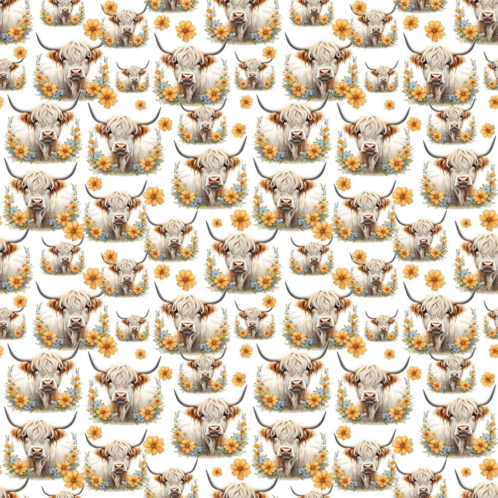 White Highland Cows & Flowers Fabric - White