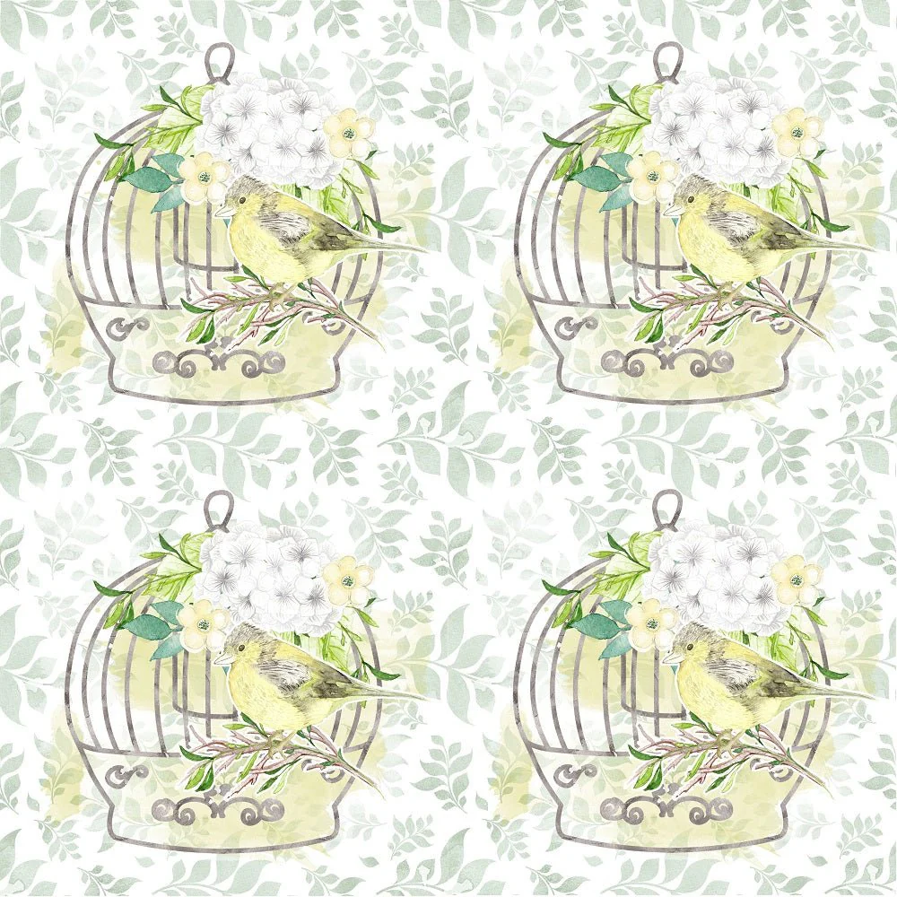 White Hydrangeas Birds and Cages on Leaves Fabric