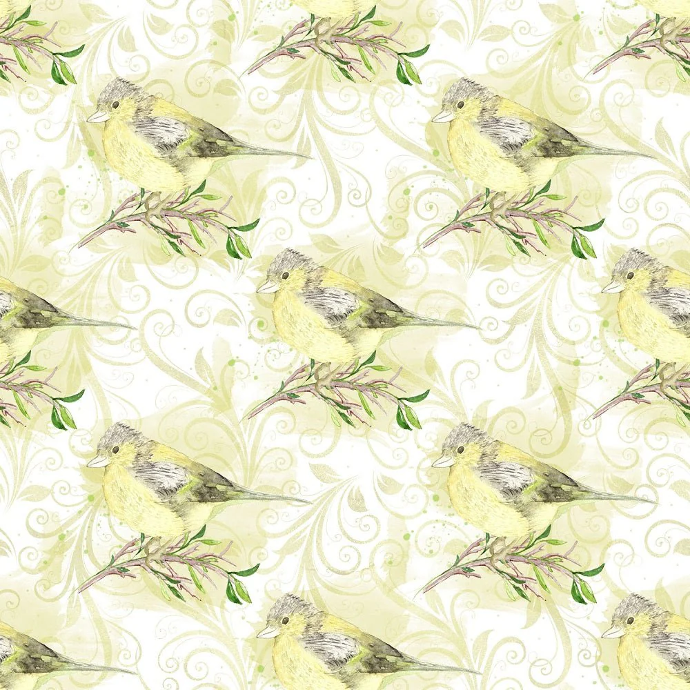 White Hydrangeas Birds on Yellow Leaves Fabric