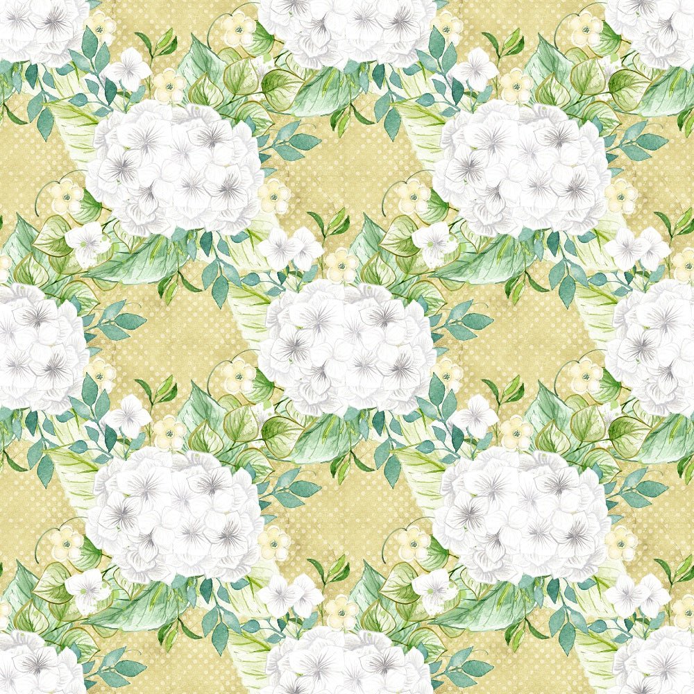 White Hydrangeas Bouquets on Yellow Dots Fabric